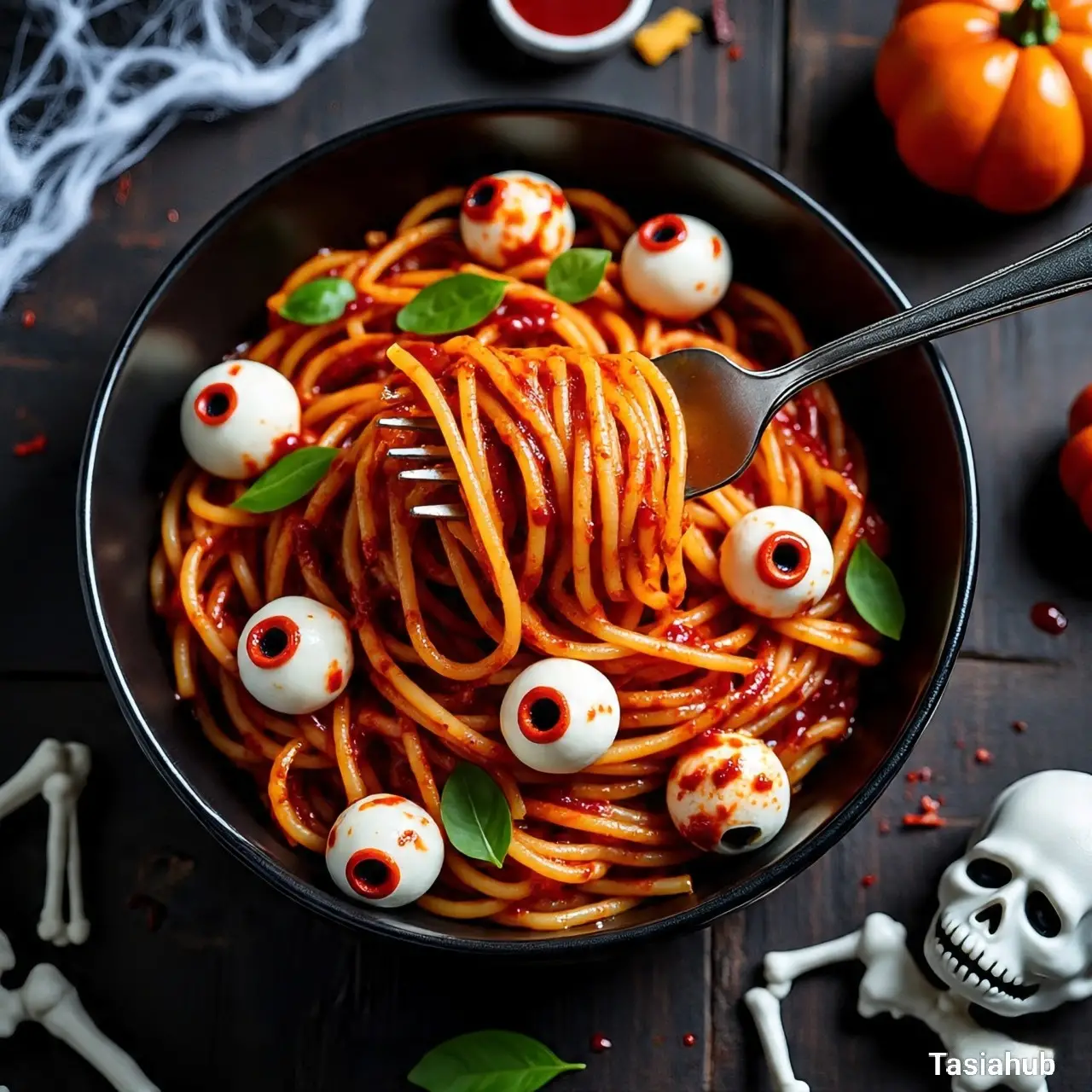 Bloody spaghetti with mozzarella eyeballs