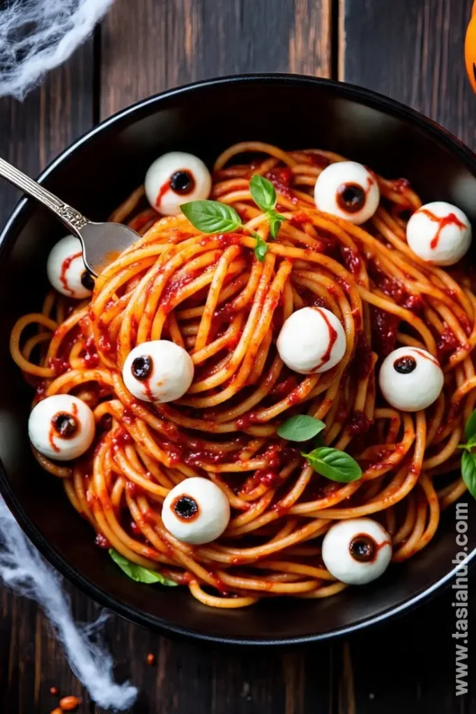 bloody spaghetti with eyeballs