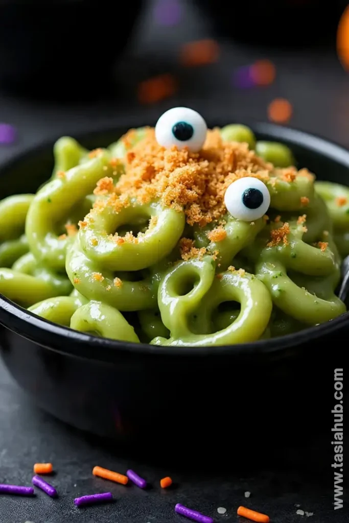 green Halloween mac and cheese