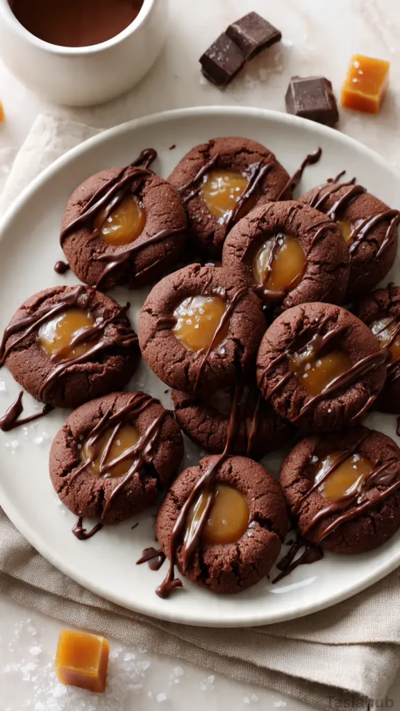 chocolate caramel thumbprint cookies