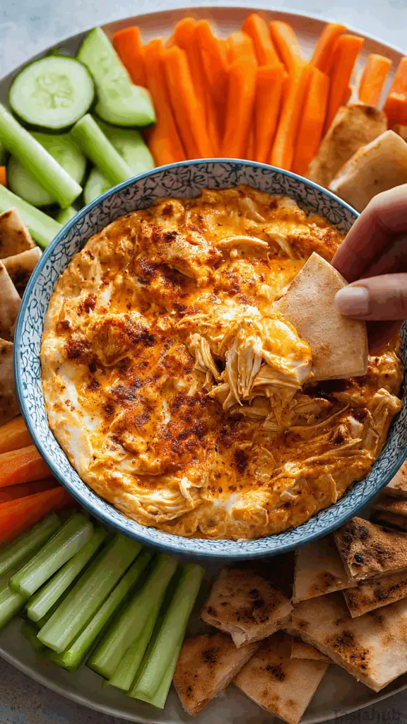 high protein buffalo chicken dip dish