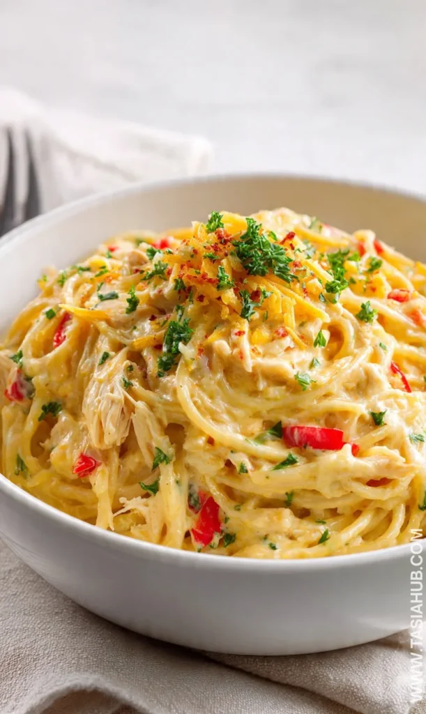slow cooker chicken spaghetti with velveeta